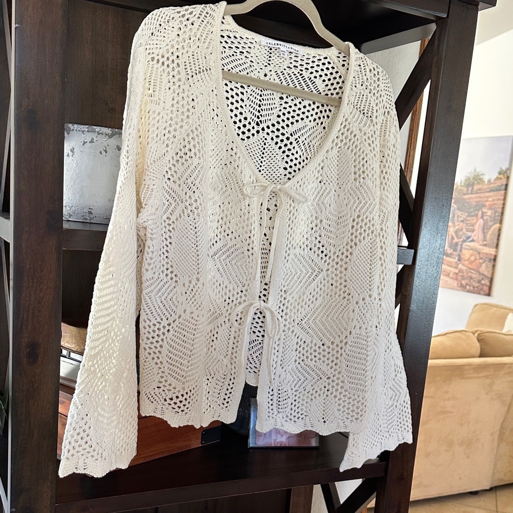 Boho Cream Crochet Bow Cardigan - Picture 2 of 11